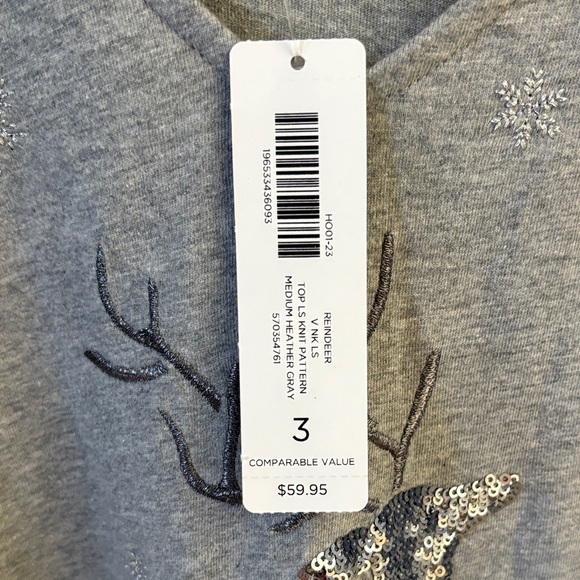 Chico's Silver Sequin Reindeer Long Sleeve Top - Picture 2 of 6